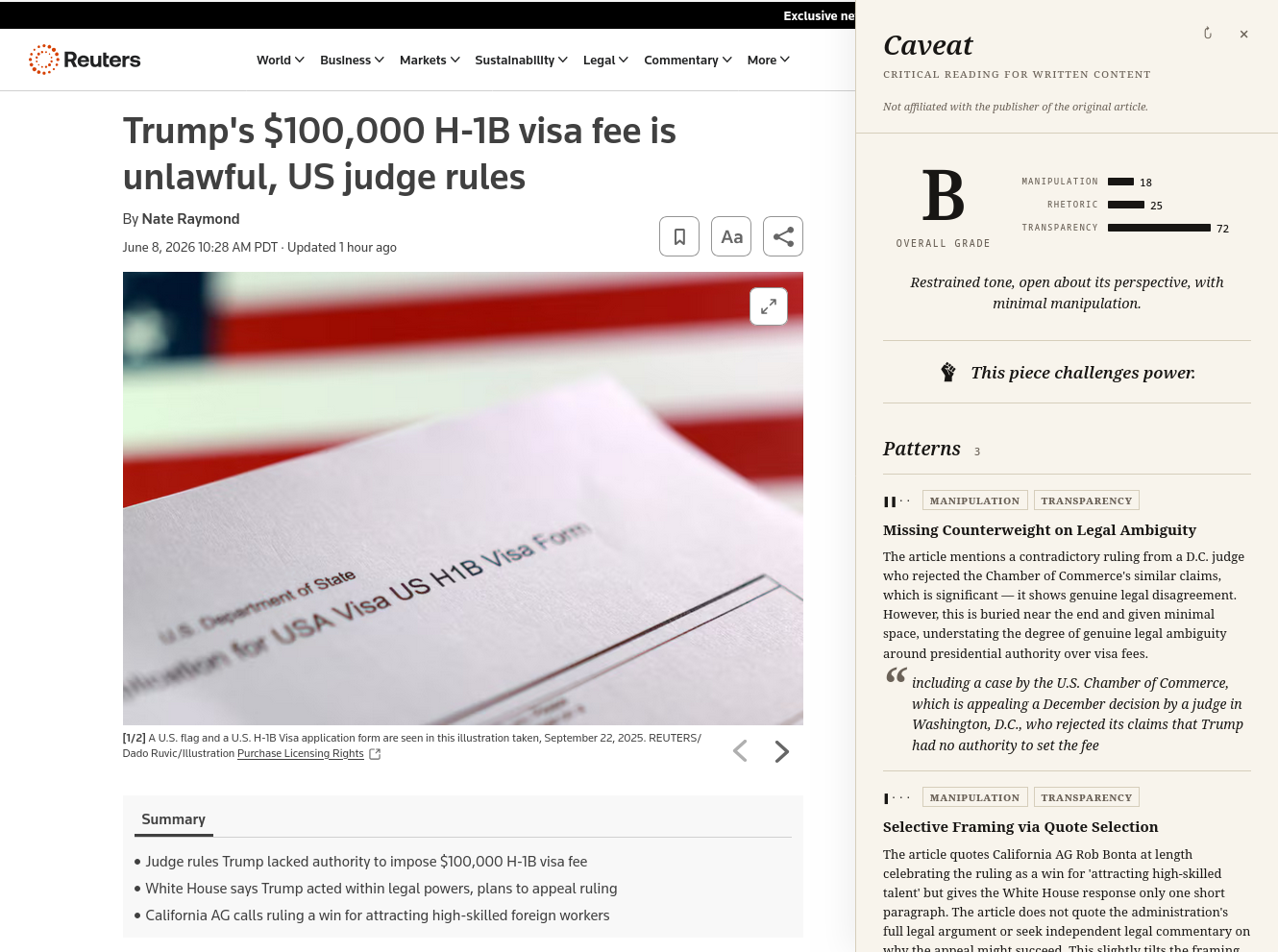 Sample analysis panel on a news article, showing pattern findings, loaded language, and a grade.